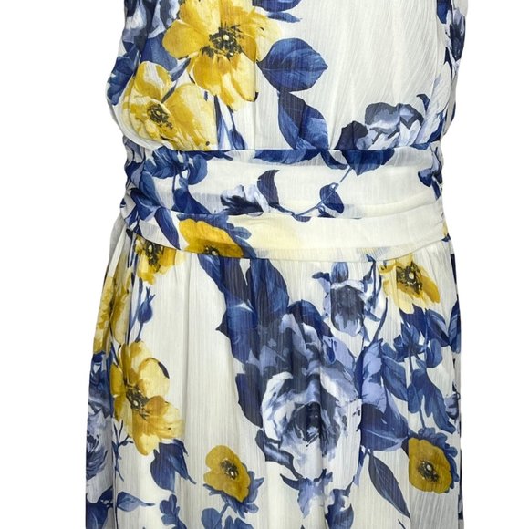 Enfocus Studio Dress Womens 10 Blue Yellow Sleeveless High Neck Floral Fit Flare - Picture 2 of 16